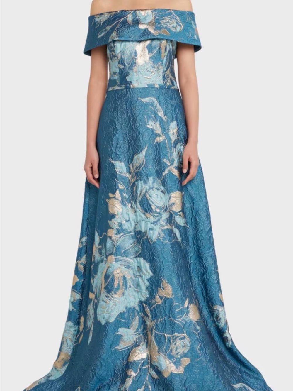 Teri Jon Teal One-Shoulder Floral Brocade Evening Gown